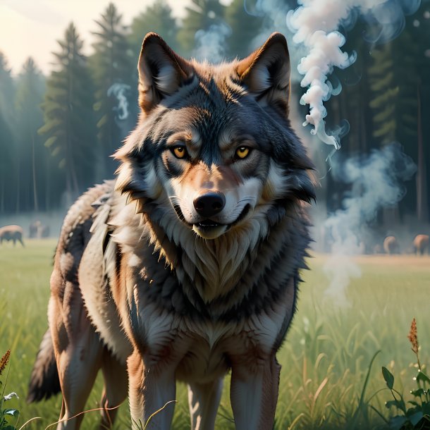 Foto de um fumando de um lobo no campo