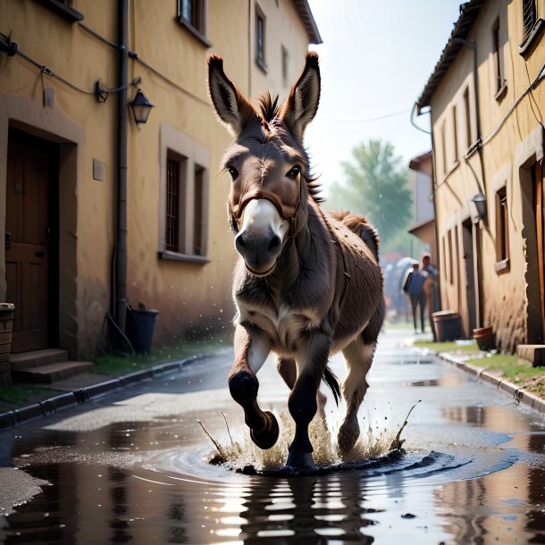 Image of a jumping of a donkey in the puddle