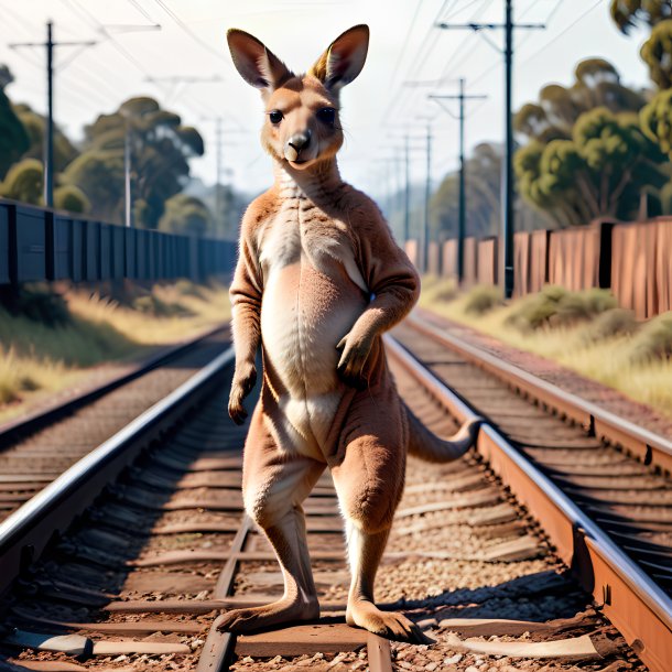 Pic de um canguru em uma calça nos trilhos ferroviários