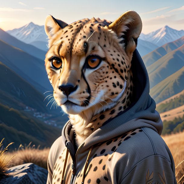 Drawing of a cheetah in a hoodie in the mountains