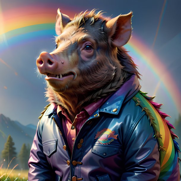 Illustration of a boar in a jacket on the rainbow