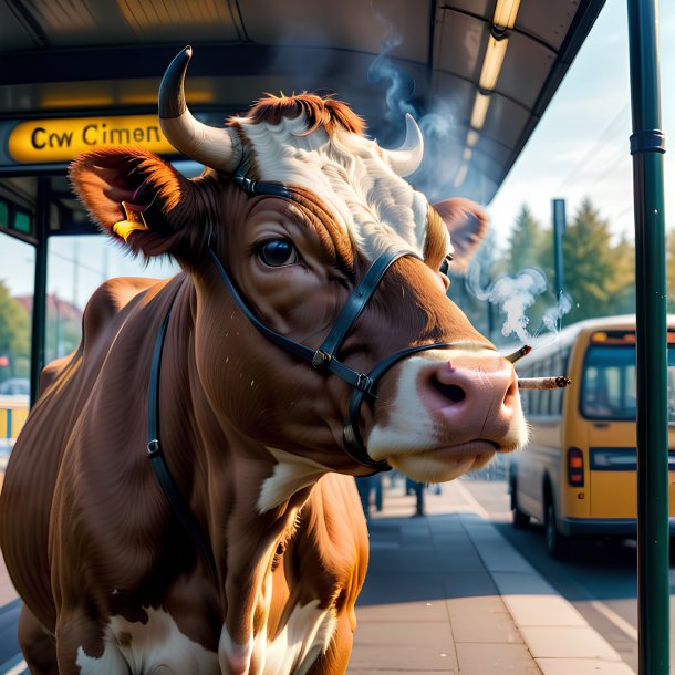 Uma foto de uma vaca fumando na parada de ônibus