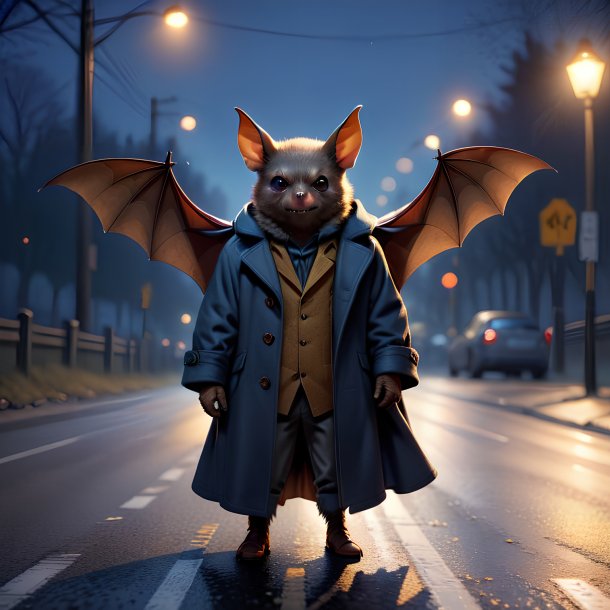 Illustration of a bat in a coat on the road