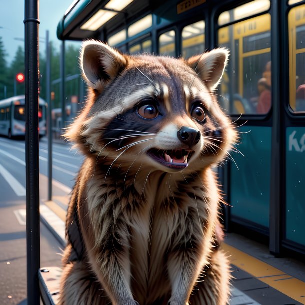 Foto de un llanto de un mapache en la parada de autobús