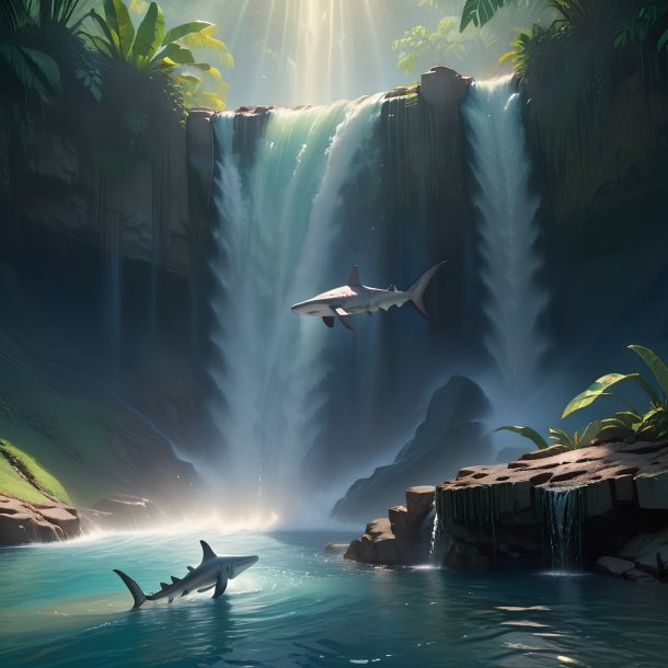 Image of a waiting of a hammerhead shark in the waterfall