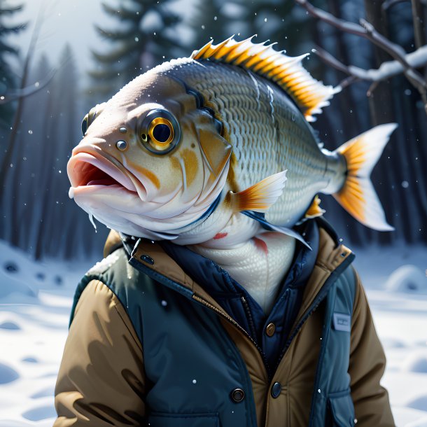 Image of a fish in a jacket in the snow