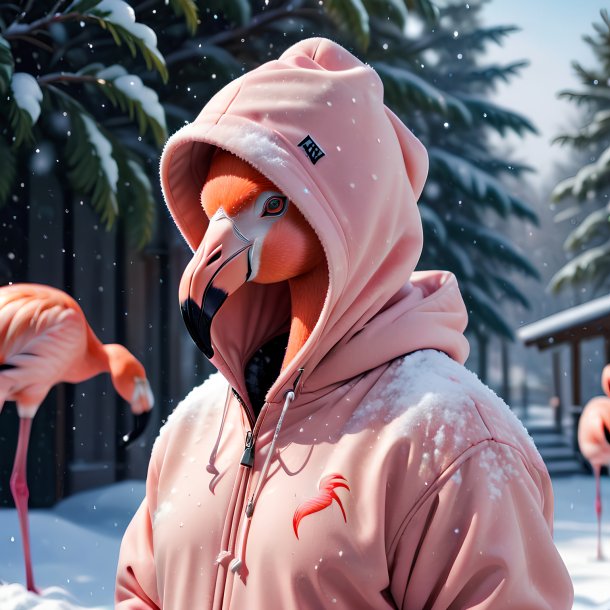 Foto de un flamenco en una sudadera con capucha en la nieve