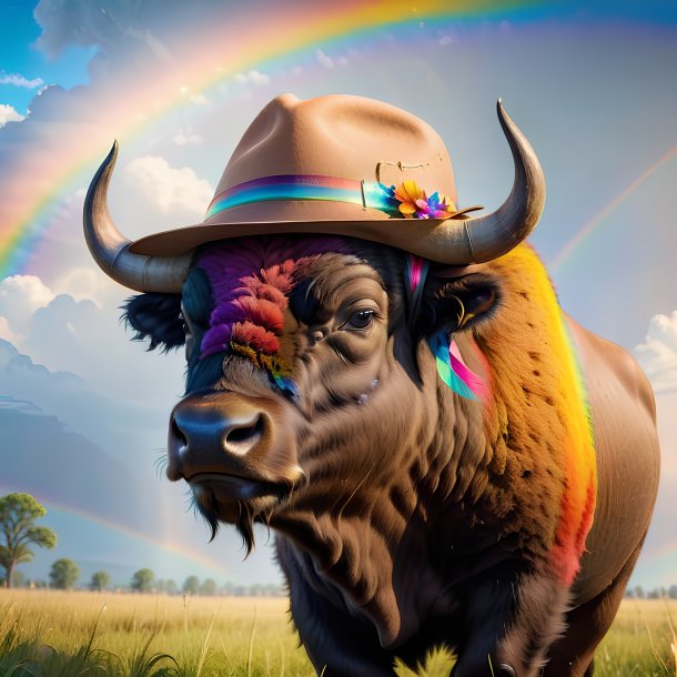 Photo d'un bison dans un chapeau sur l'arc-en-ciel