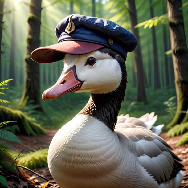 Image of a goose in a cap in the forest