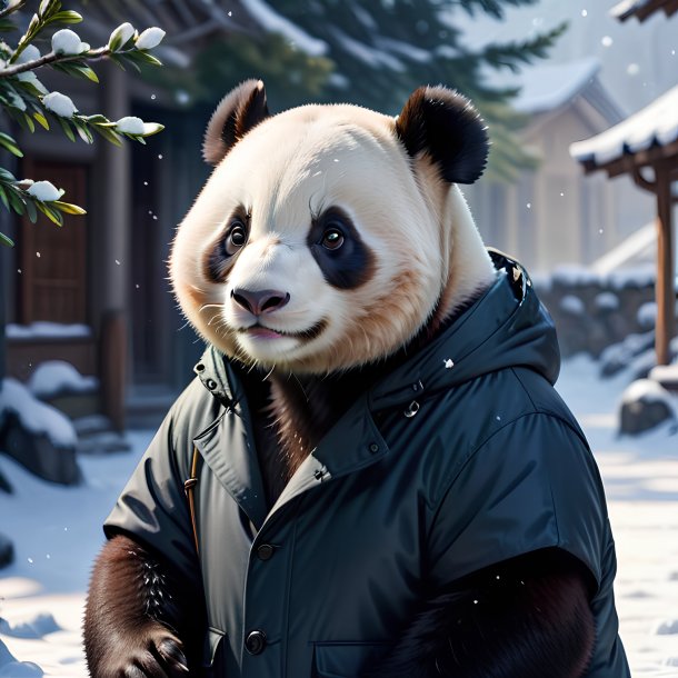 Foto de um panda gigante em um casaco na neve