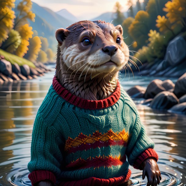 Picture of a otter in a sweater in the river