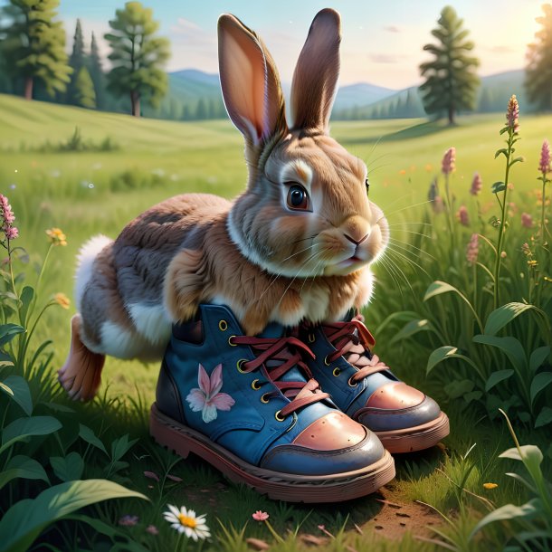 Dessin d'un lapin dans une chaussure dans la prairie