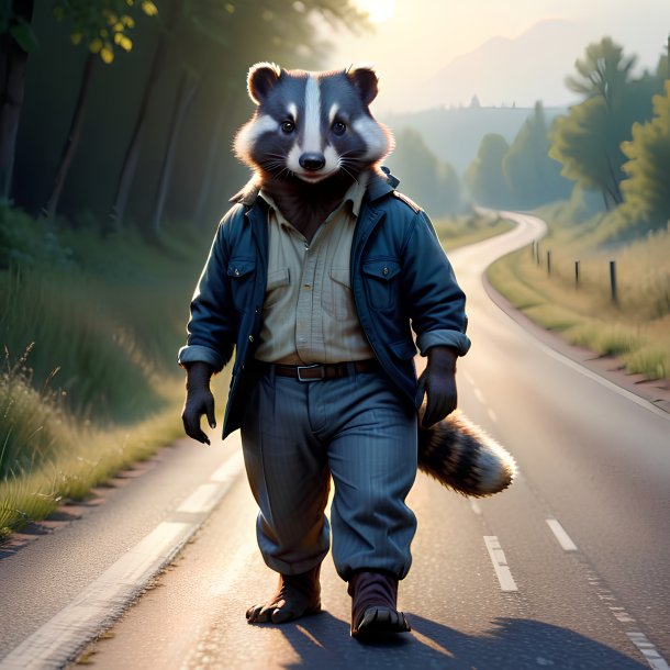 Drawing of a badger in a trousers on the road