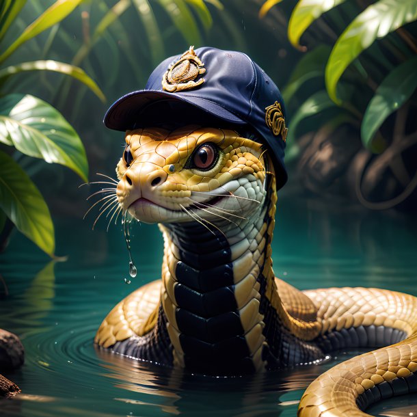 Imagen de una cobra real en una gorra en el agua