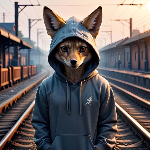 Foto de un chacal en una sudadera con capucha en las vías del tren