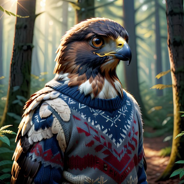 Picture of a hawk in a sweater in the forest