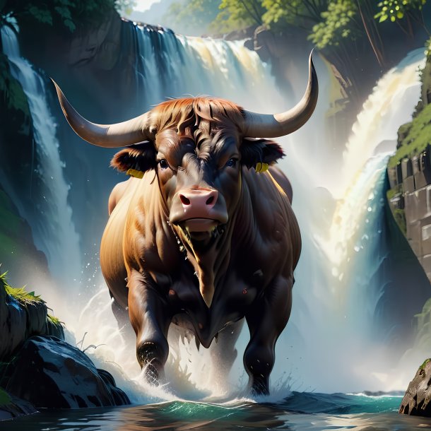 Picture of a threatening of a bull in the waterfall