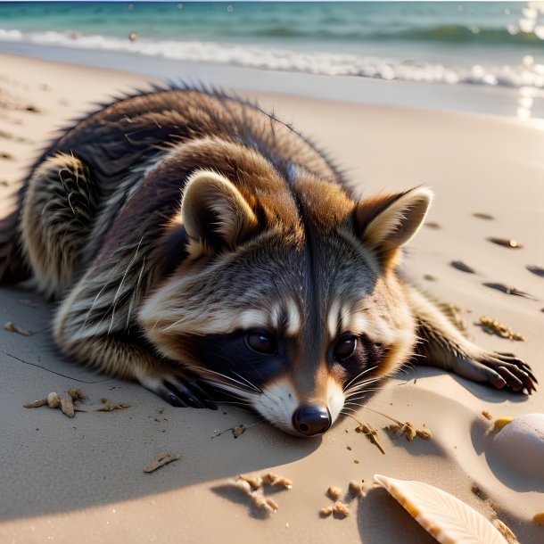 Image d'un sommeil d'un raton laveur sur la plage