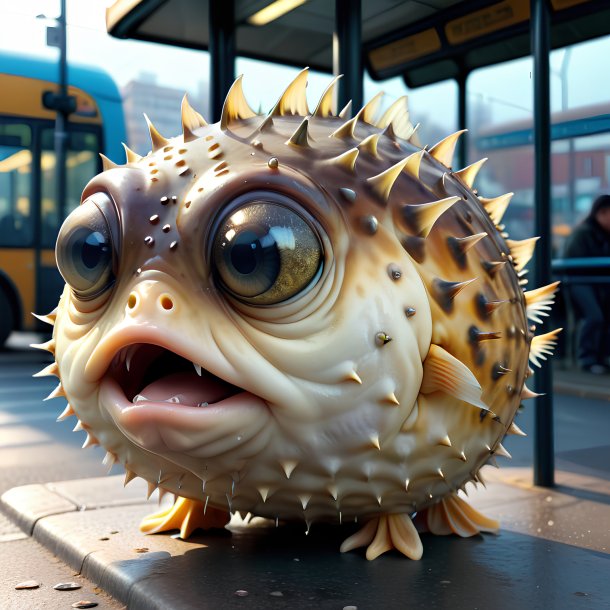 Image of a crying of a pufferfish on the bus stop