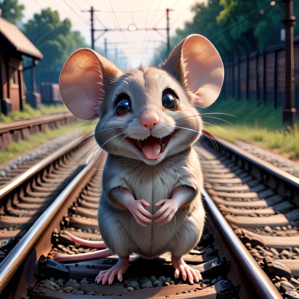 Pic of a smiling of a mouse on the railway tracks