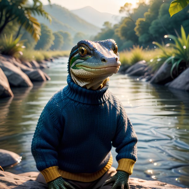 Image of a monitor lizard in a sweater in the river