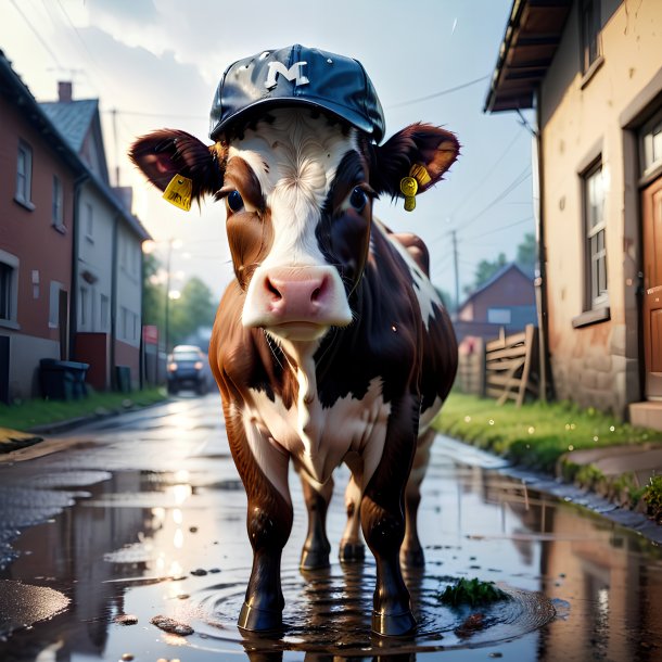 Foto de una vaca en un gorro en el charco