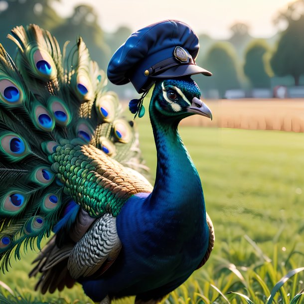 Photo of a peacock in a cap on the field