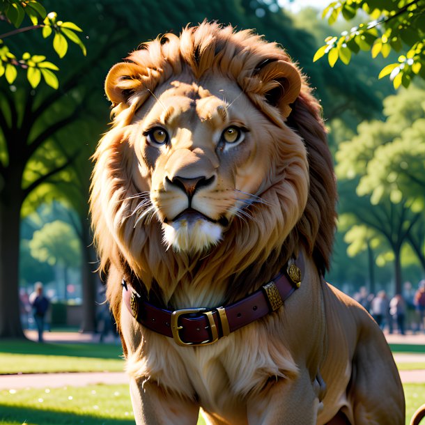 Foto de un león en un cinturón en el parque