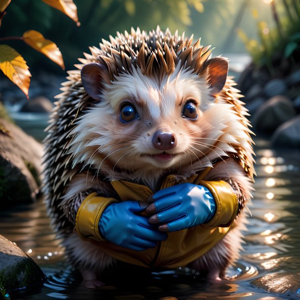 Picture of a hedgehog in a gloves in the river