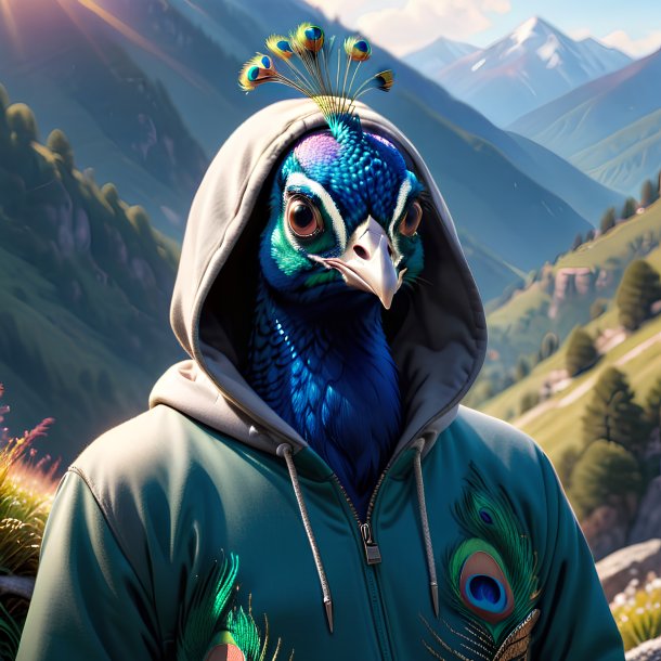 Retrato de um pavão em um hoodie nas montanhas