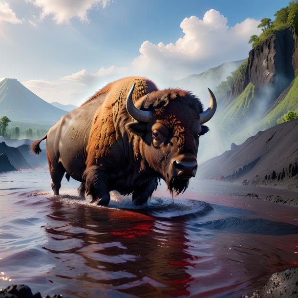 Photo of a swimming of a bison in the volcano