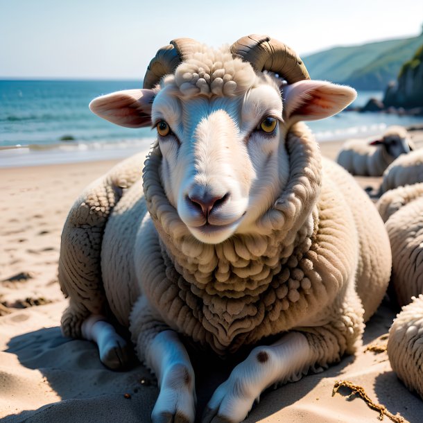 Image of a resting of a sheep on the beach