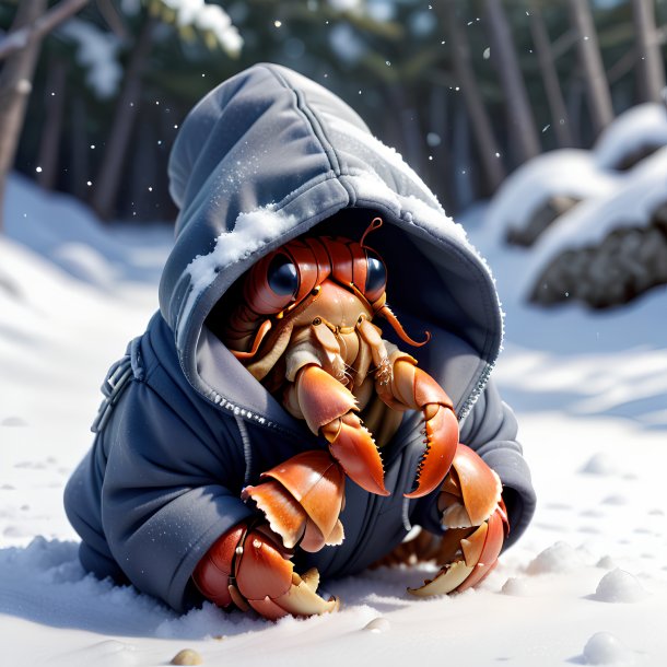 Drawing of a hermit crab in a hoodie in the snow