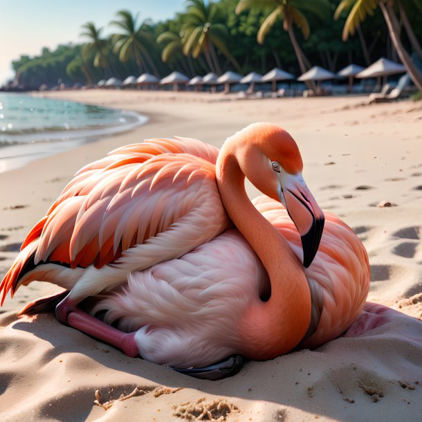 Photo of a sleeping of a flamingo on the beach