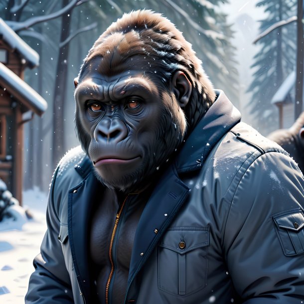 Photo of a gorilla in a jacket in the snow