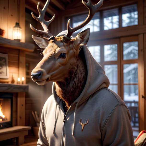 Image of a elk in a hoodie in the house