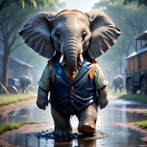 Illustration of a elephant in a vest in the puddle