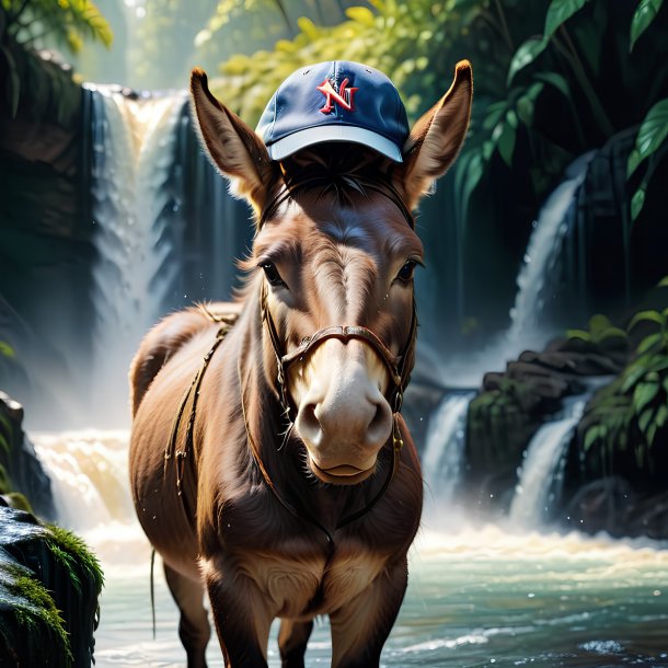 Picture of a mule in a cap in the waterfall