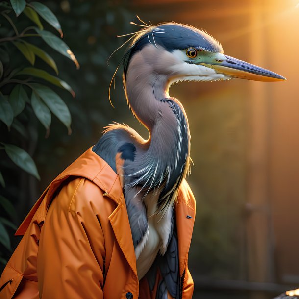 Foto de una garza en una chaqueta naranja