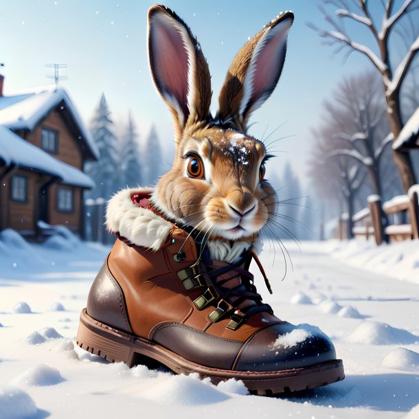 Image of a hare in a shoes in the snow