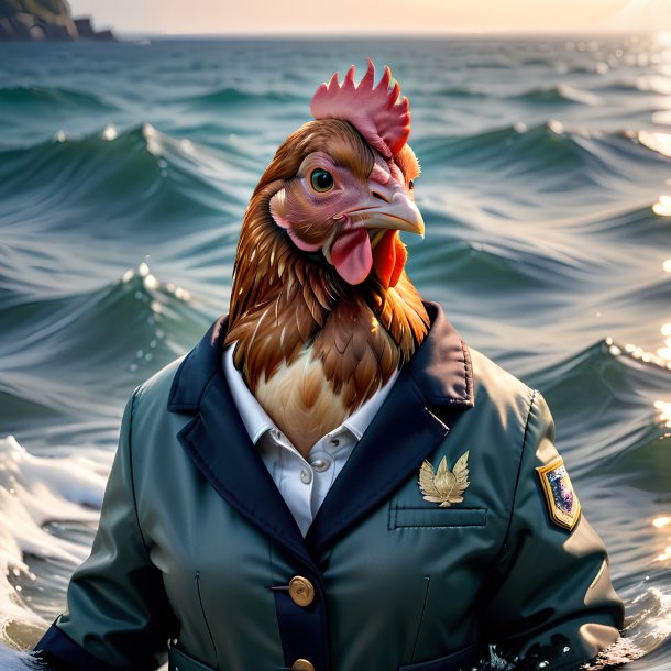 Photo of a hen in a jacket in the sea