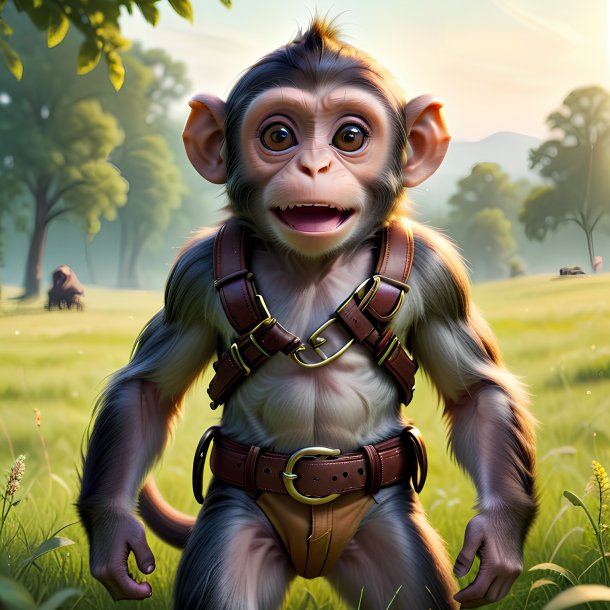 Photo of a monkey in a belt in the meadow