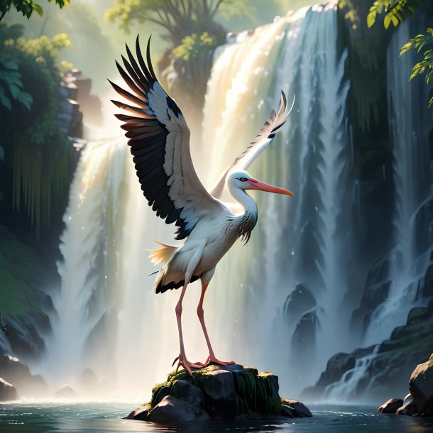 Picture of a swimming of a stork in the waterfall