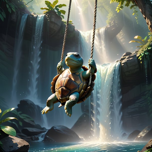 Pic of a swinging on a swing of a turtle in the waterfall