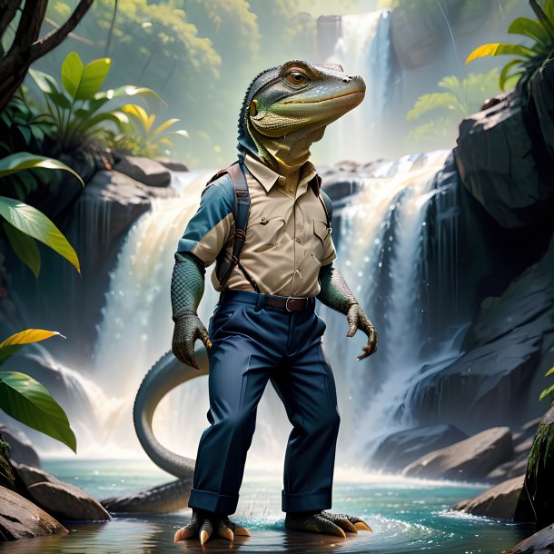 Picture of a monitor lizard in a trousers in the waterfall