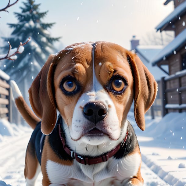 Pic of a threatening of a beagle in the snow