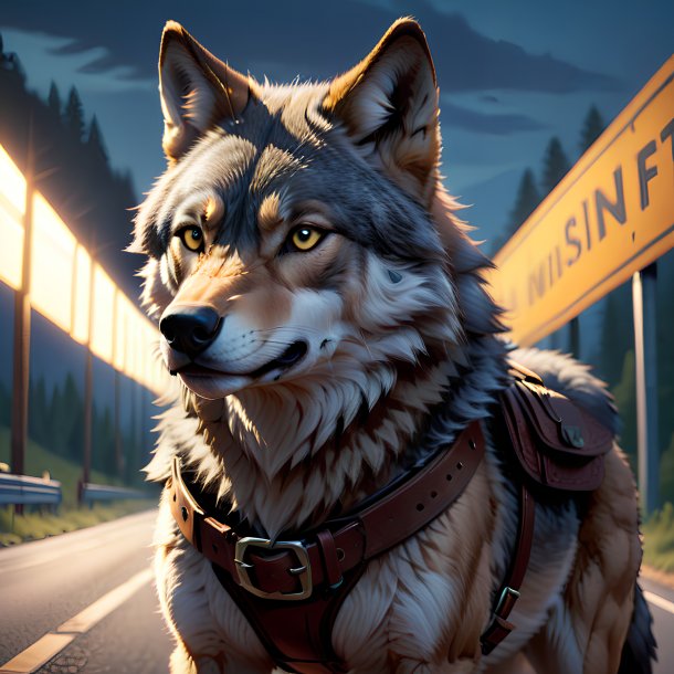 Illustration of a wolf in a belt on the road