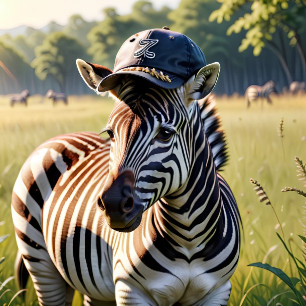 Foto de uma zebra em um boné no prado