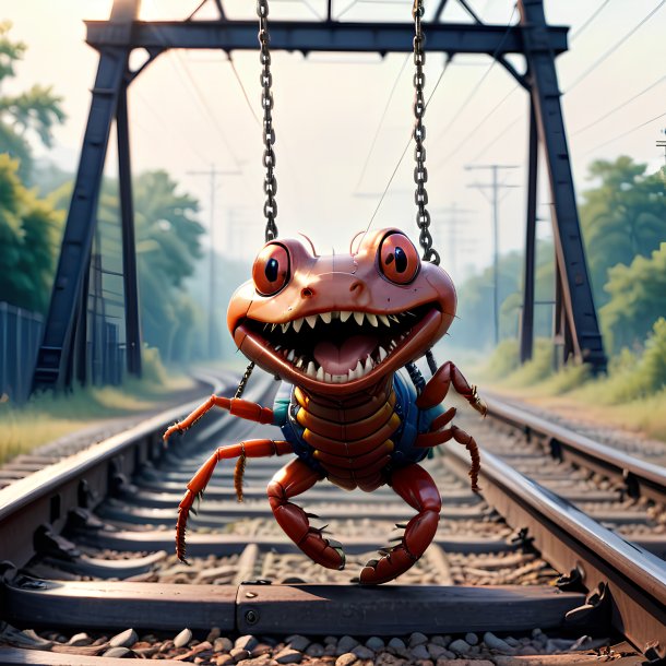 Image of a swinging on a swing of a centipede on the railway tracks