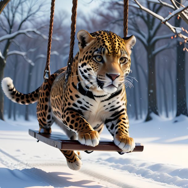 Uma foto de um balanço em um balanço de um jaguar na neve